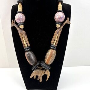 Vintage 1980s Wooden Safari Statement Necklace Boho Folk Art Whimsy Cottagecore